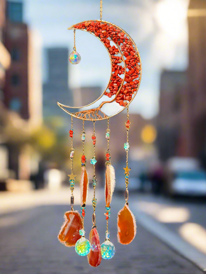 Golden Radiance Red Jasper Moon Dream Catcher-Sun Catcher
