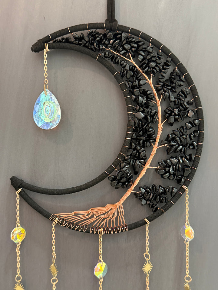 Black Obsidian & Black Agate Moon and Tree of Life Sun Catcher
