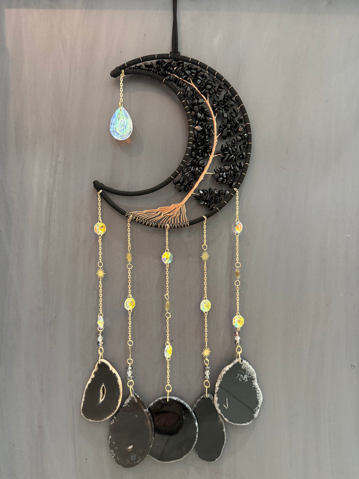 Black Obsidian & Black Agate Moon and Tree of Life Sun Catcher