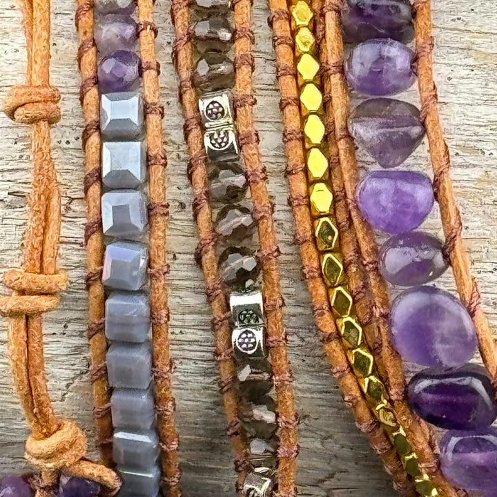 Bohemian Amethyst 5-Layer Leather Wrap Around Bracelet (ATH)