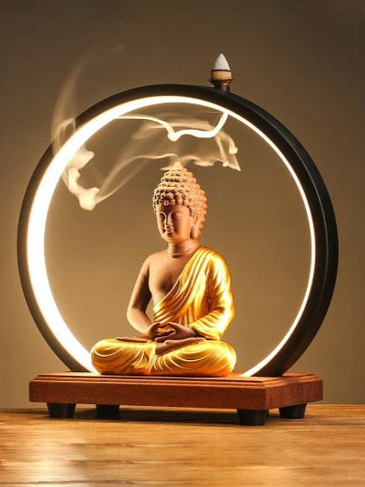 Golden Buddha Backflow Incense Burner With LED Light (Gold)
