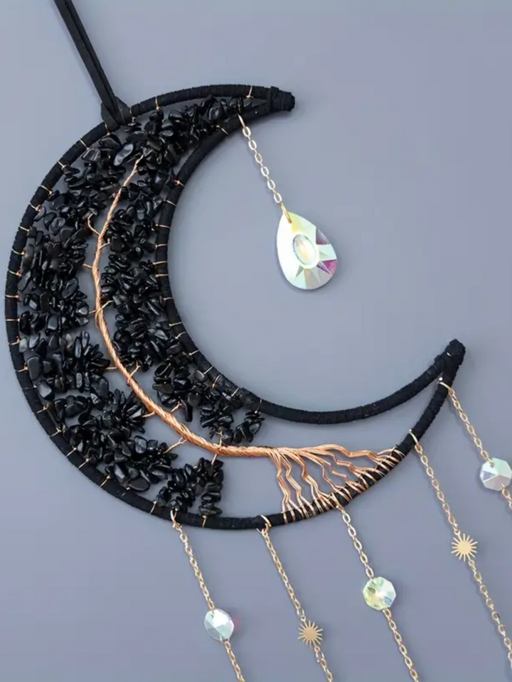 Black Obsidian & Black Agate Moon and Tree of Life Dreamcatcher