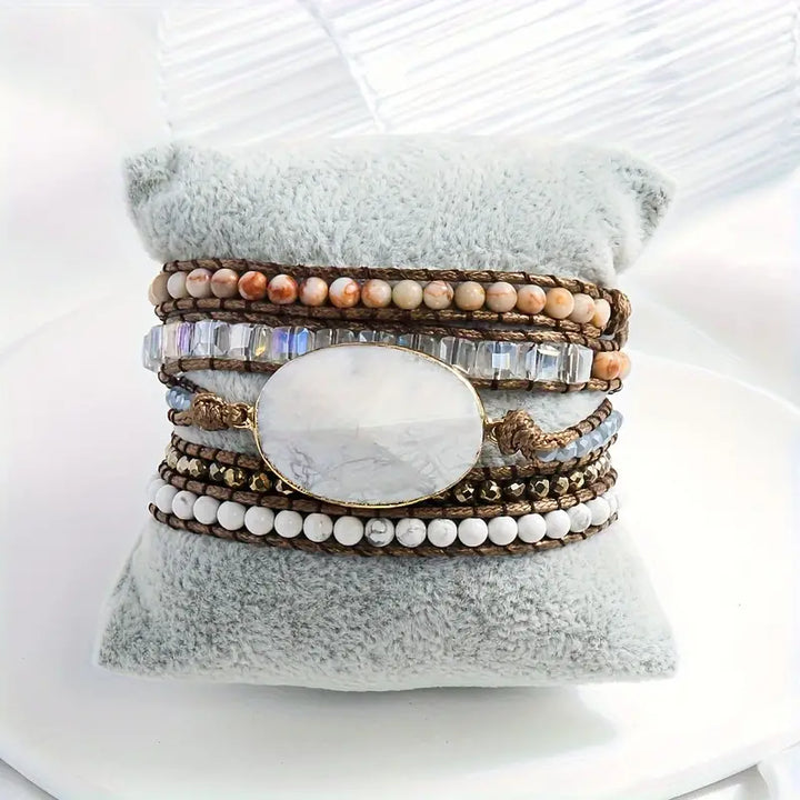 Bohemian White Magnesite  5-Layer Leather Wrap Around Bracelet