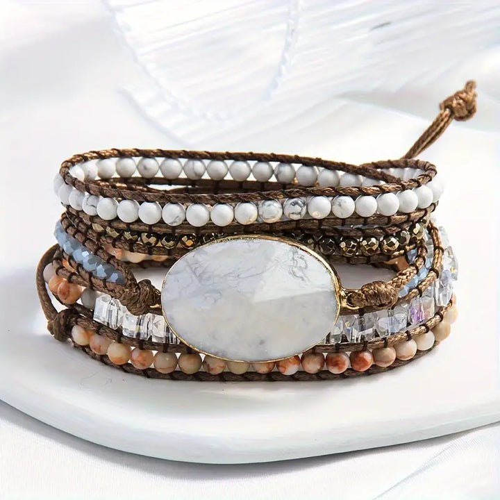Bohemian White Magnesite  5-Layer Leather Wrap Around Bracelet