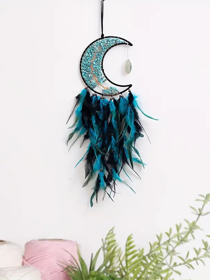 Lunar Serenity Dream Catcher – Crescent Moon with Turquoise Crystals & Feathers
