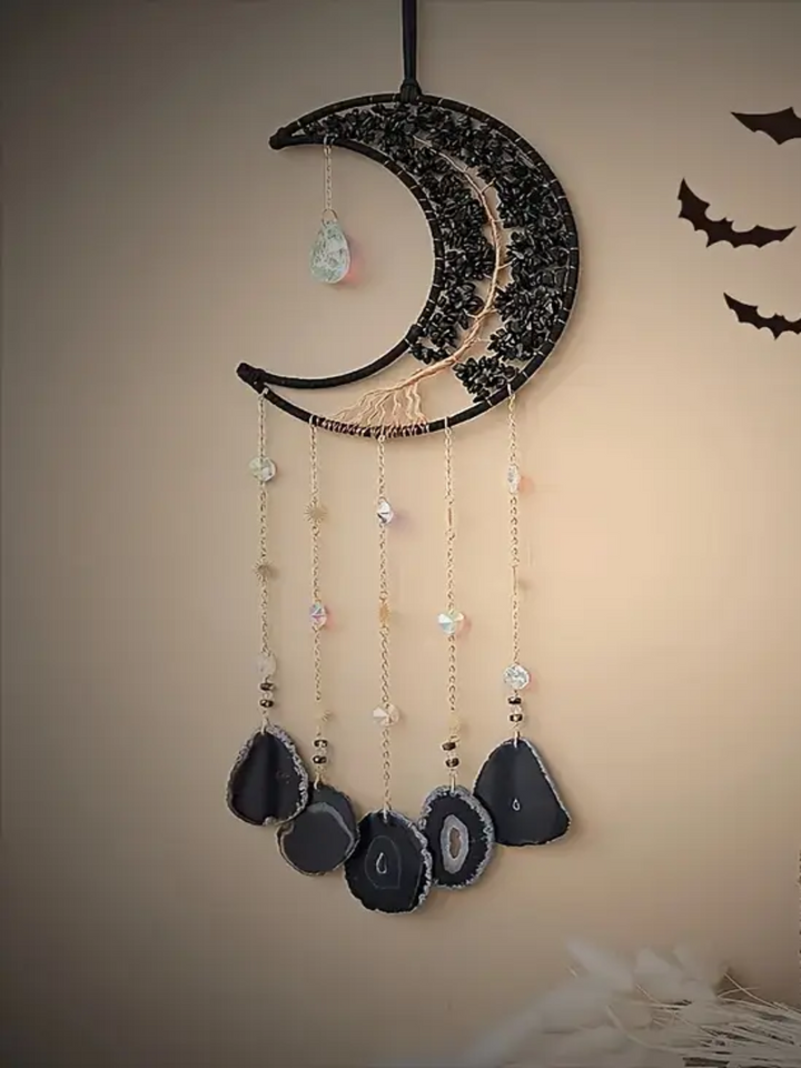 Black Obsidian & Black Agate Moon and Tree of Life Dreamcatcher