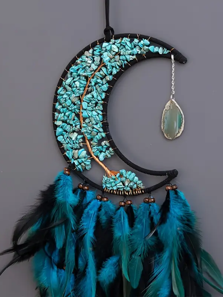 Lunar Serenity Dream Catcher – Crescent Moon with Turquoise Crystals & Feathers