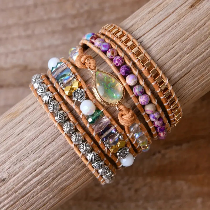 Opal Jasper Elegance 5-Layer Leather Wrap Around Bracelet