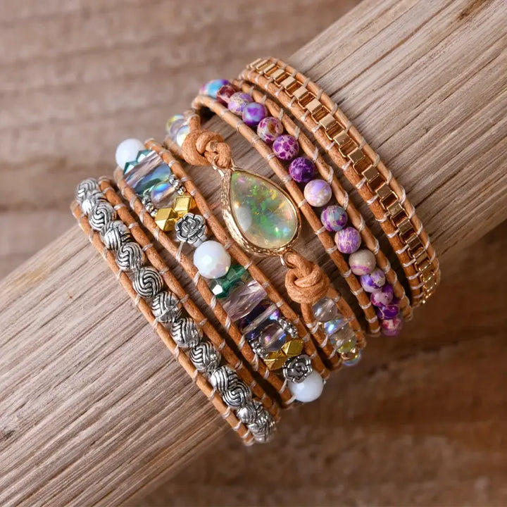 Opal Jasper Elegance 5-Layer Leather Wrap Around Bracelet