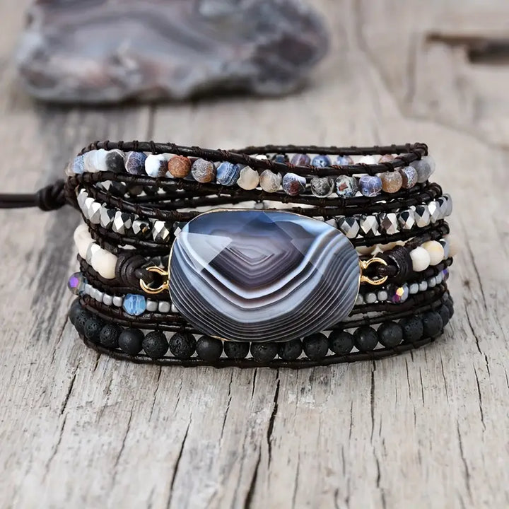Persian Golf Agate & Lava Stones 5-Layer Leather Wrap Around Bracelet