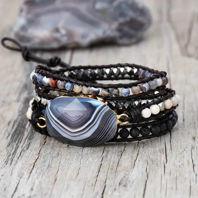 Persian Golf Agate & Lava Stones 5-Layer Leather Wrap Around Bracelet