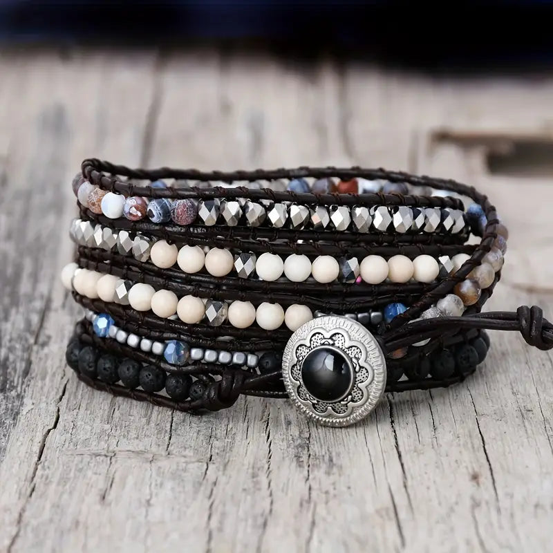 Persian Golf Agate & Lava Stones 5-Layer Leather Wrap Around Bracelet