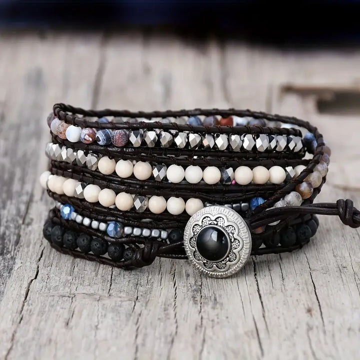Persian Golf Agate & Lava Stones 5-Layer Leather Wrap Around Bracelet