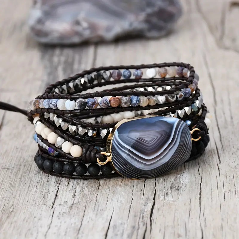 Persian Golf Agate & Lava Stones 5-Layer Leather Wrap Around Bracelet