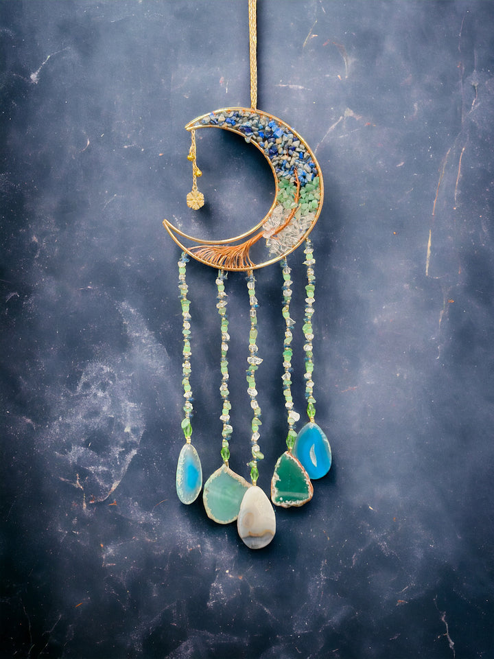 Celestial Harmony Moon Dream & Sun Catcher – Lapis Lazuli, Green Aventurine, and Clear Quartz