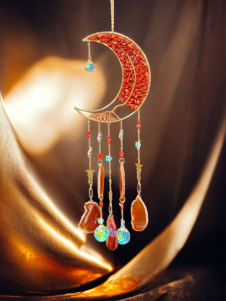 Golden Radiance Red Jasper Moon Dream Catcher-Sun Catcher