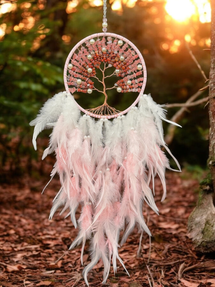 Tree of Love Dream Catcher – Rose Quartz, Carnelian, and Pearl Elegance