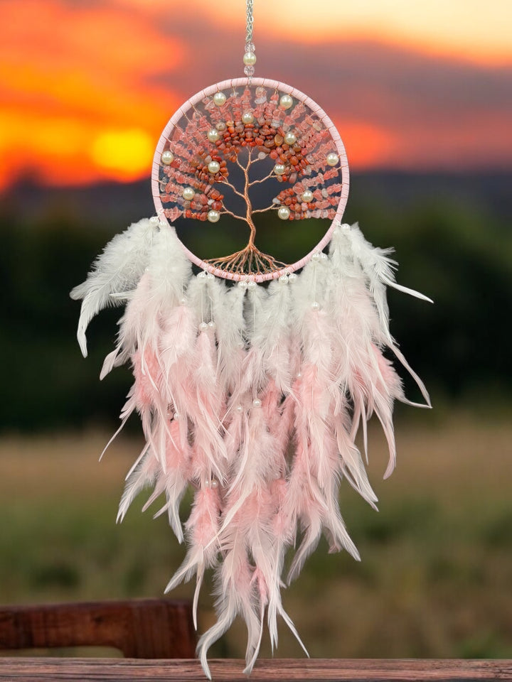 Tree of Love Dream Catcher – Rose Quartz, Carnelian, and Pearl Elegance