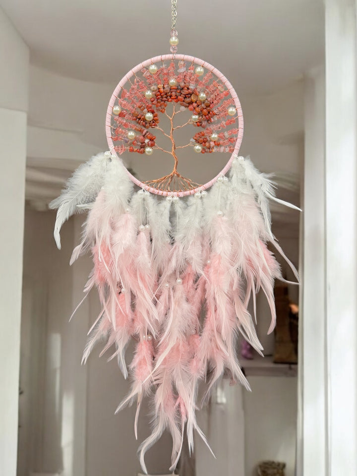 Tree of Love Dream Catcher – Rose Quartz, Carnelian, and Pearl Elegance