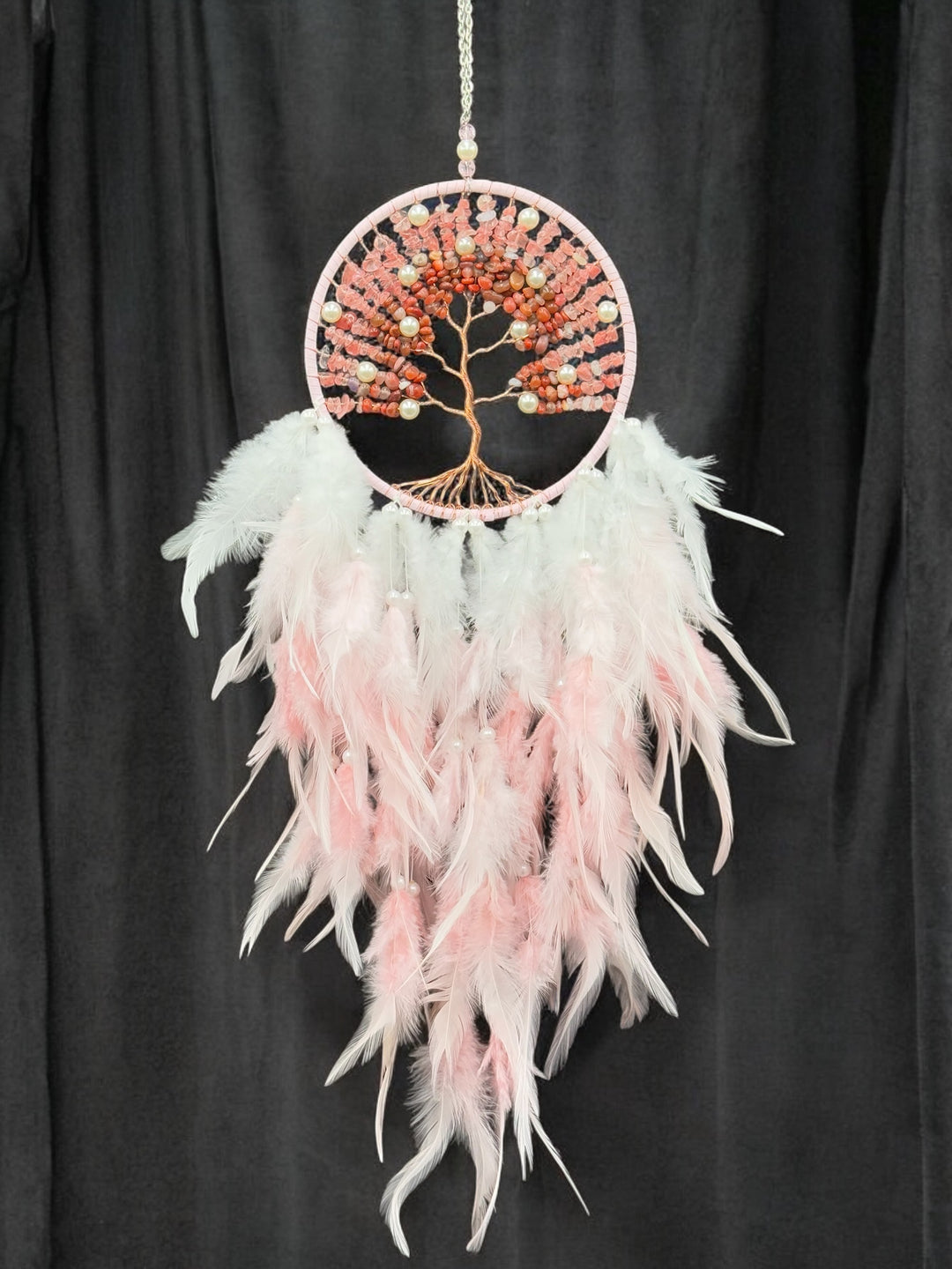 Tree of Love Dream Catcher – Rose Quartz, Carnelian, and Pearl Elegance