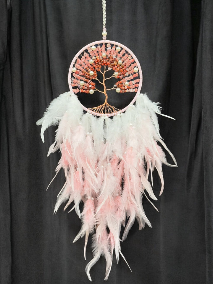 Tree of Love Dream Catcher – Rose Quartz, Carnelian, and Pearl Elegance