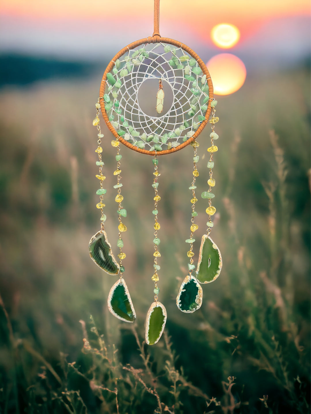 Green Aventurine, Agate & Fluorite Crystal Dreamcatcher Sun catcher