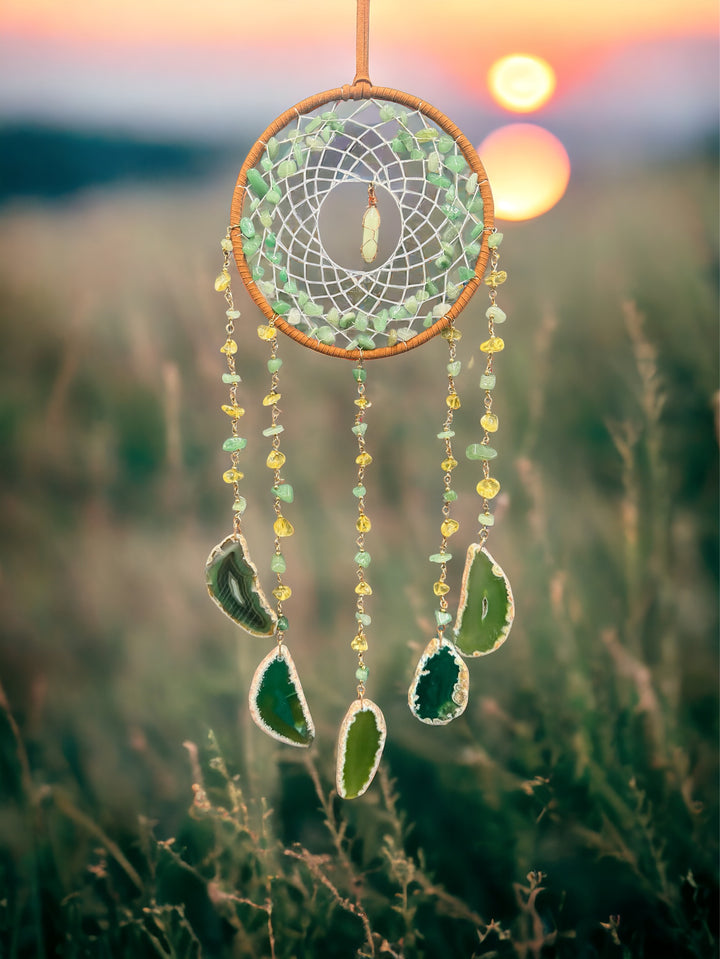Green Aventurine, Agate & Fluorite Crystal Dreamcatcher Sun catcher