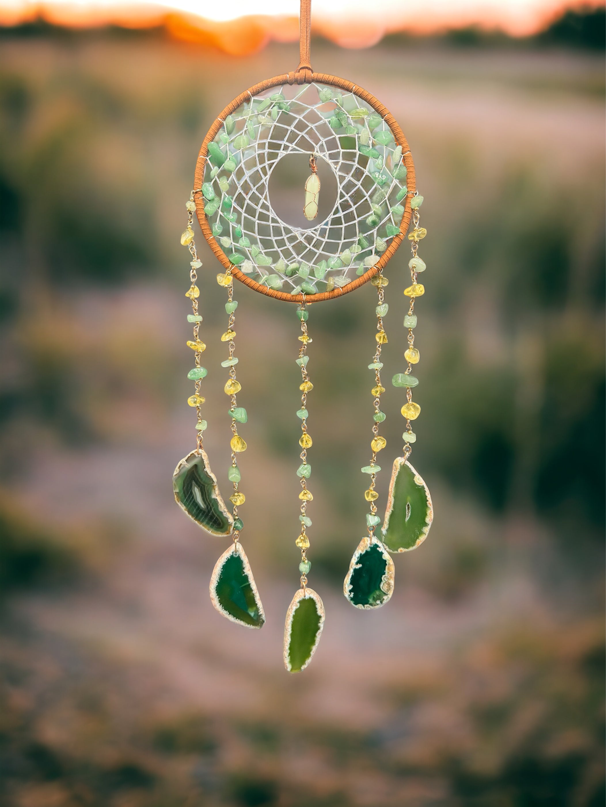 Green Aventurine, Agate & Fluorite Crystal Dream Catcher
