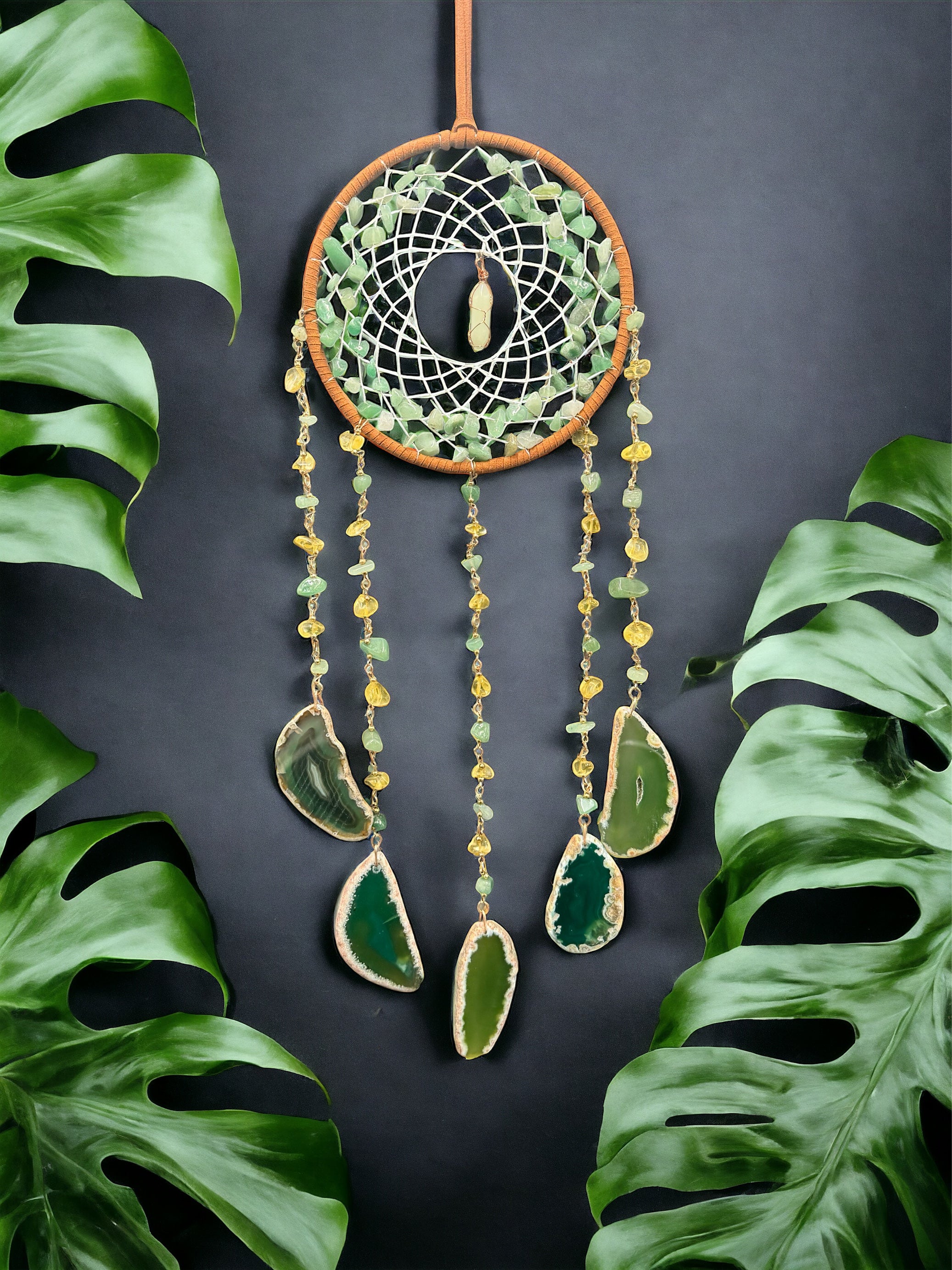 Green Aventurine, Agate & Fluorite Crystal Dream Catcher