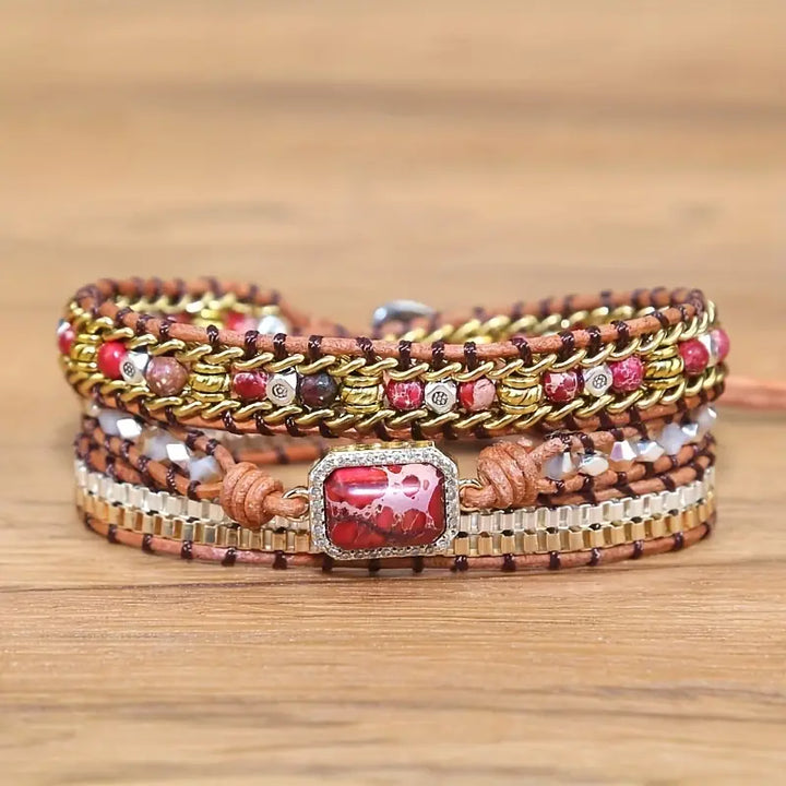 Red Sea Sediment Jasper Dainty 3-Layer Leather Wrap Around Bracelet