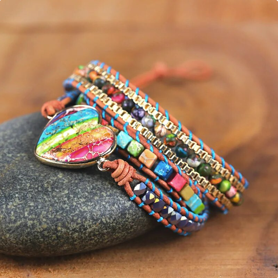 Bohemian Imperial Turquoise 3-Layer Leather Wrap Around Bracelet