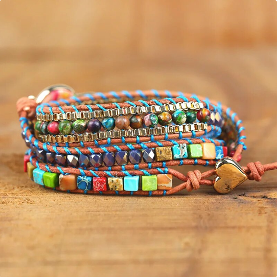 Bohemian Imperial Turquoise 3-Layer Leather Wrap Around Bracelet