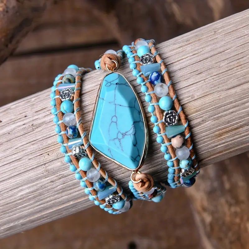 Turquoise Serenity 3-Layer Leather Wrap Around Bracelet