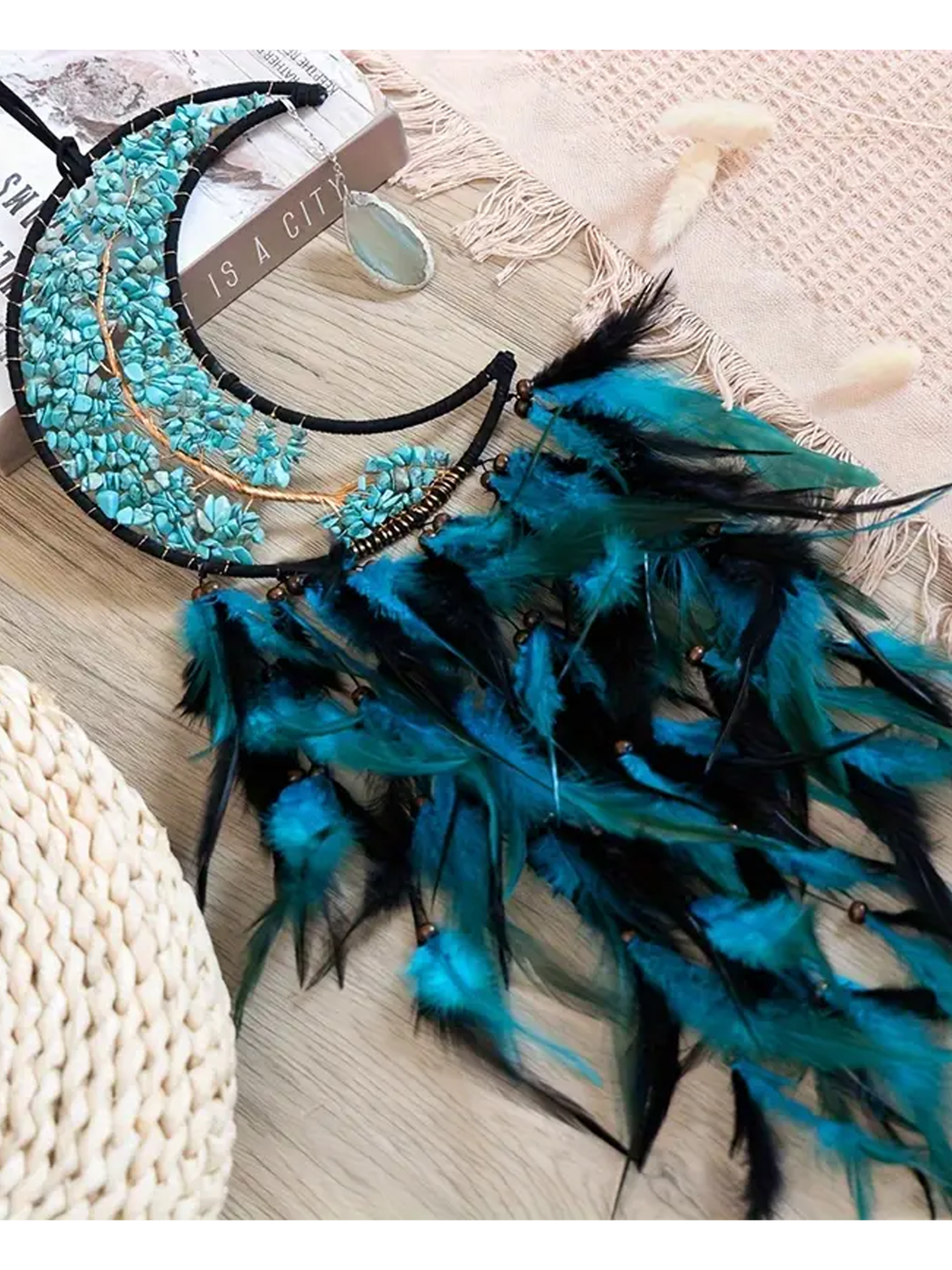 Lunar Serenity Dream Catcher – Crescent Moon with Turquoise Crystals & Feathers
