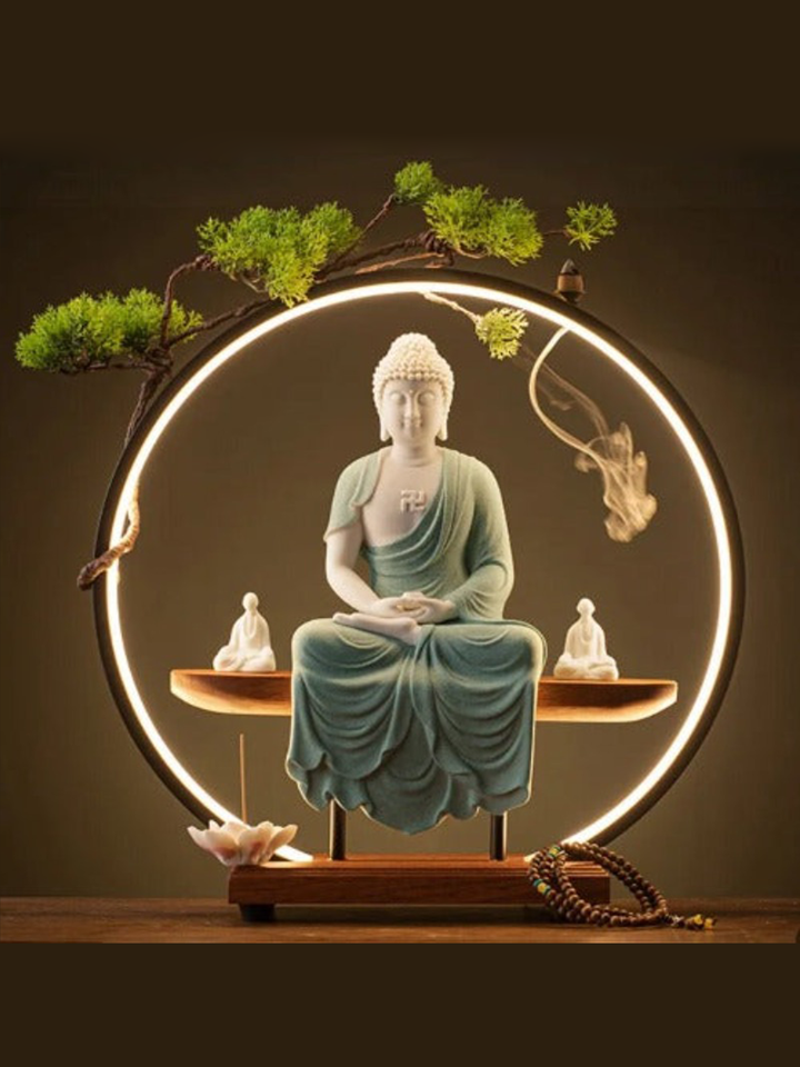 Buddha Statue Ceramic Waterfall Incense Burner with LED Light