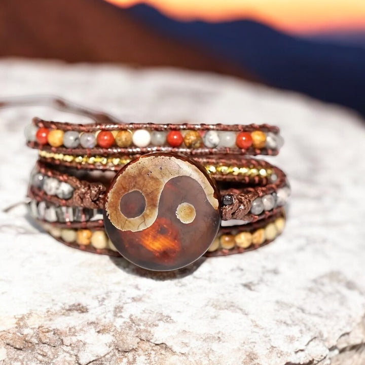Vintage-Inspired Yin Yang Agate Beaded 5-Layer Wrap Around Bracelet