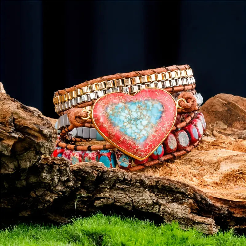 Bohemian King Jasper Heart 3-Layer Leather Wrap Around Bracelet