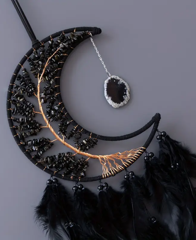 Black Obsidian and Agate Moon Dream Catcher