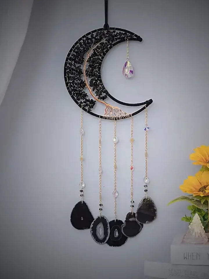 Black Obsidian & Black Agate Moon and Tree of Life Dreamcatcher