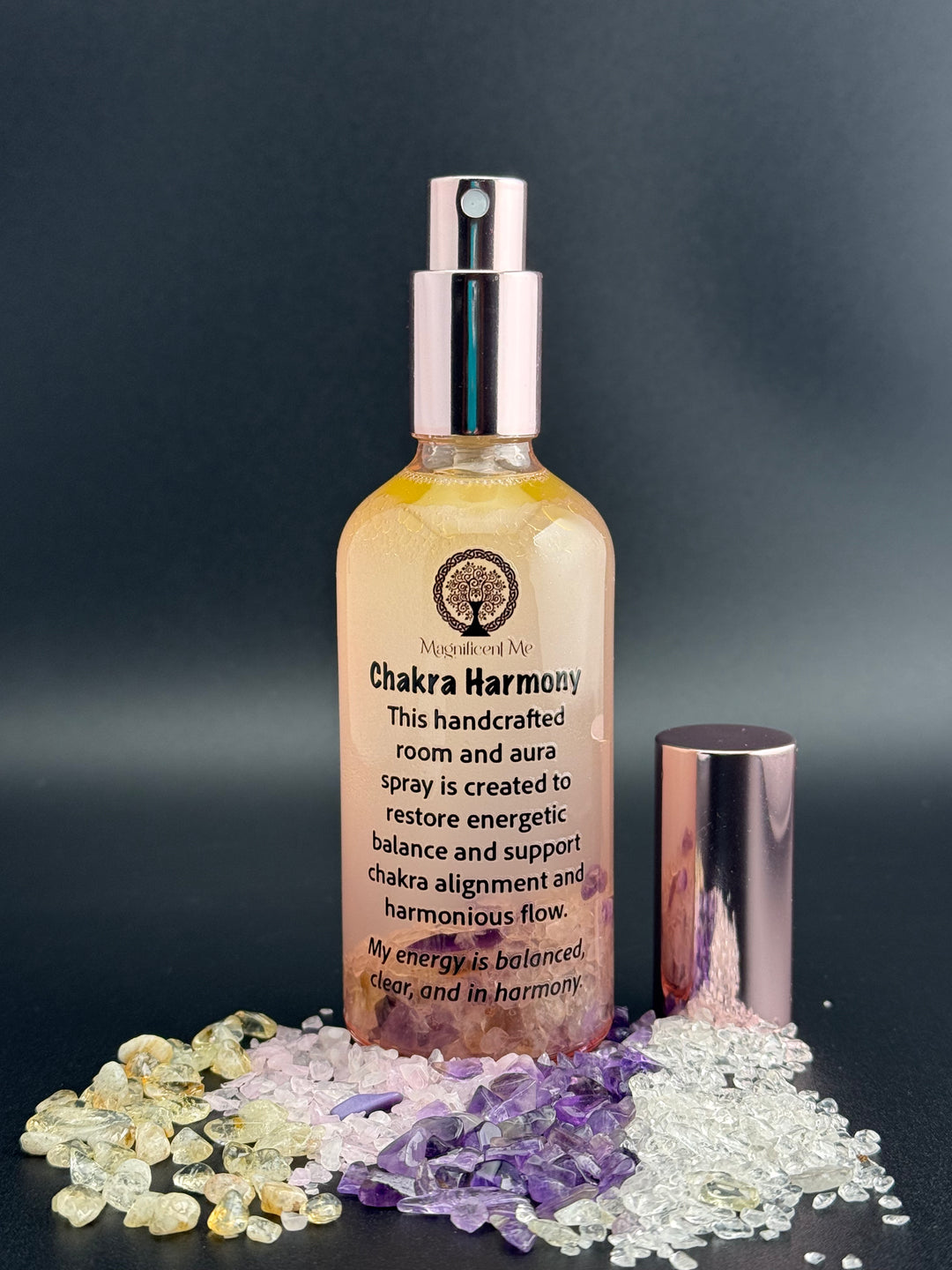 Crystal-infused Chakra Harmony Room & Aura Spray designed to support chakra balancing, energy flow, and emotional well-being.