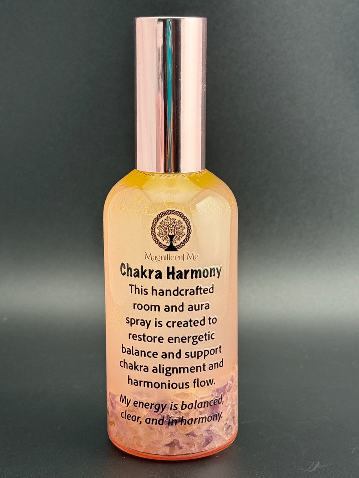 Chakra Harmony crystal-infused room and aura spray surrounded by healing crystals for energy cleansing, chakra support, and positive vibrations.