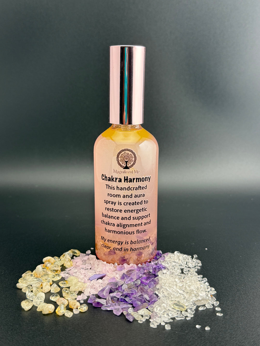 Handcrafted Chakra Harmony aura spray for energetic balance, chakra alignment, and a harmonious healing environment.