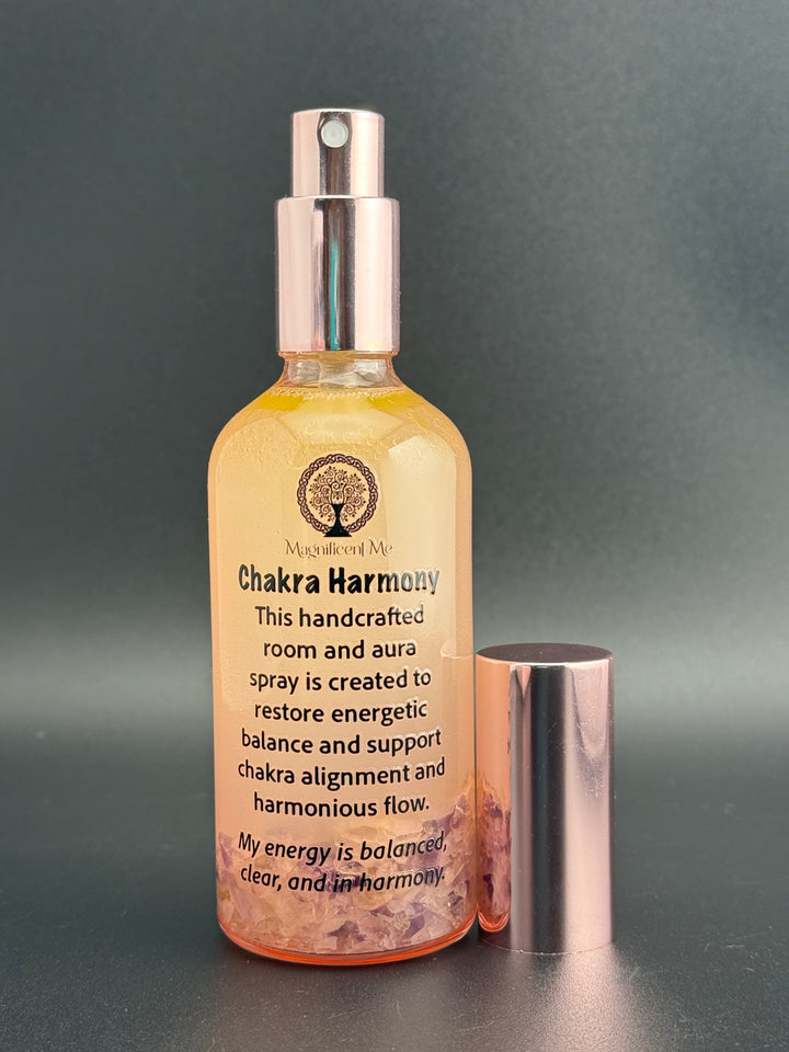 Chakra Harmony Room & Aura Spray with crystal energy to promote spiritual wellness, inner peace, and balanced chakras.