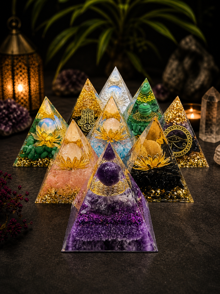 crystal orgone pyramids with different crystal options and multiple beautiful designs