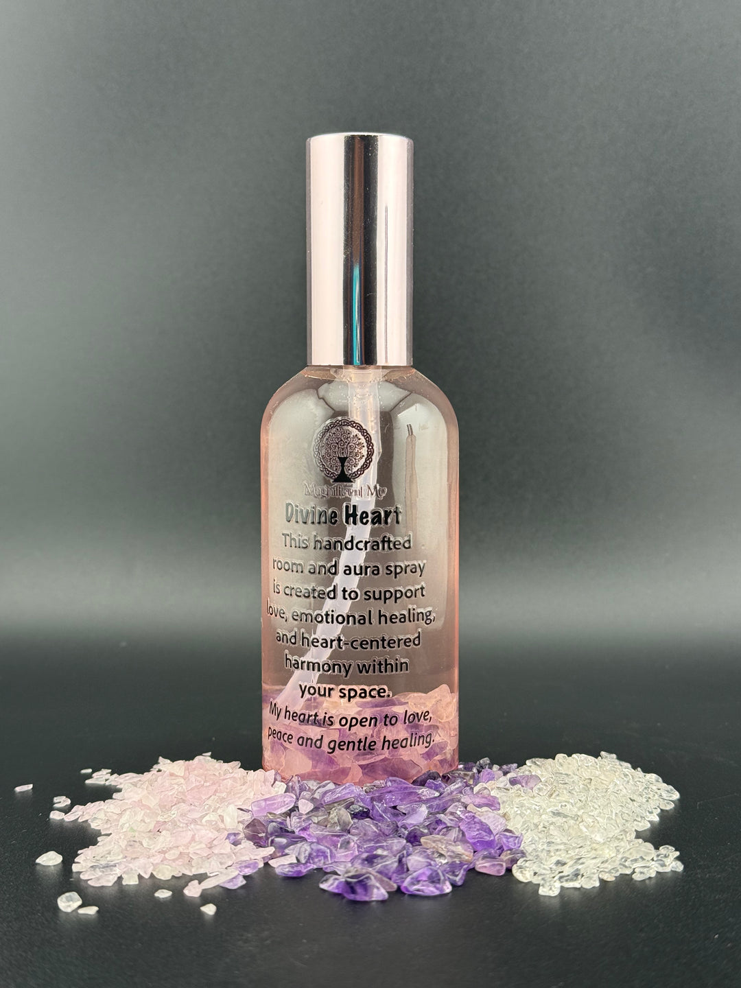 Divine Heart Room & Aura Spray 100ml by Magnificent Me featuring rose quartz and amethyst crystals for heart chakra healing, emotional balance, self-love, and peaceful energy.