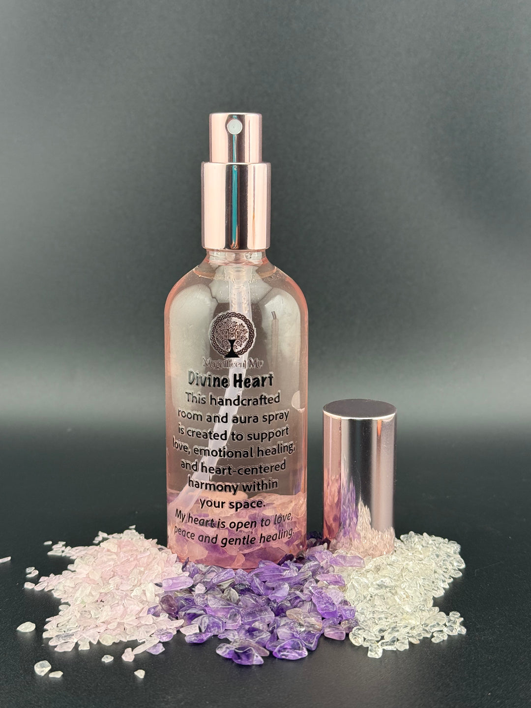 Divine Heart Room & Aura Spray 100ml by Magnificent Me with rose quartz, amethyst crystals, and heart-healing aromatherapy for love, emotional healing, and peaceful energy.