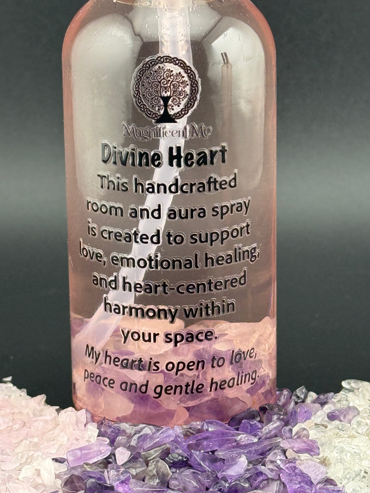 Close-up of Divine Heart Room & Aura Spray by Magnificent Me featuring rose quartz and amethyst crystals, created to support self-love, emotional healing, heart chakra balance, and peaceful energy.