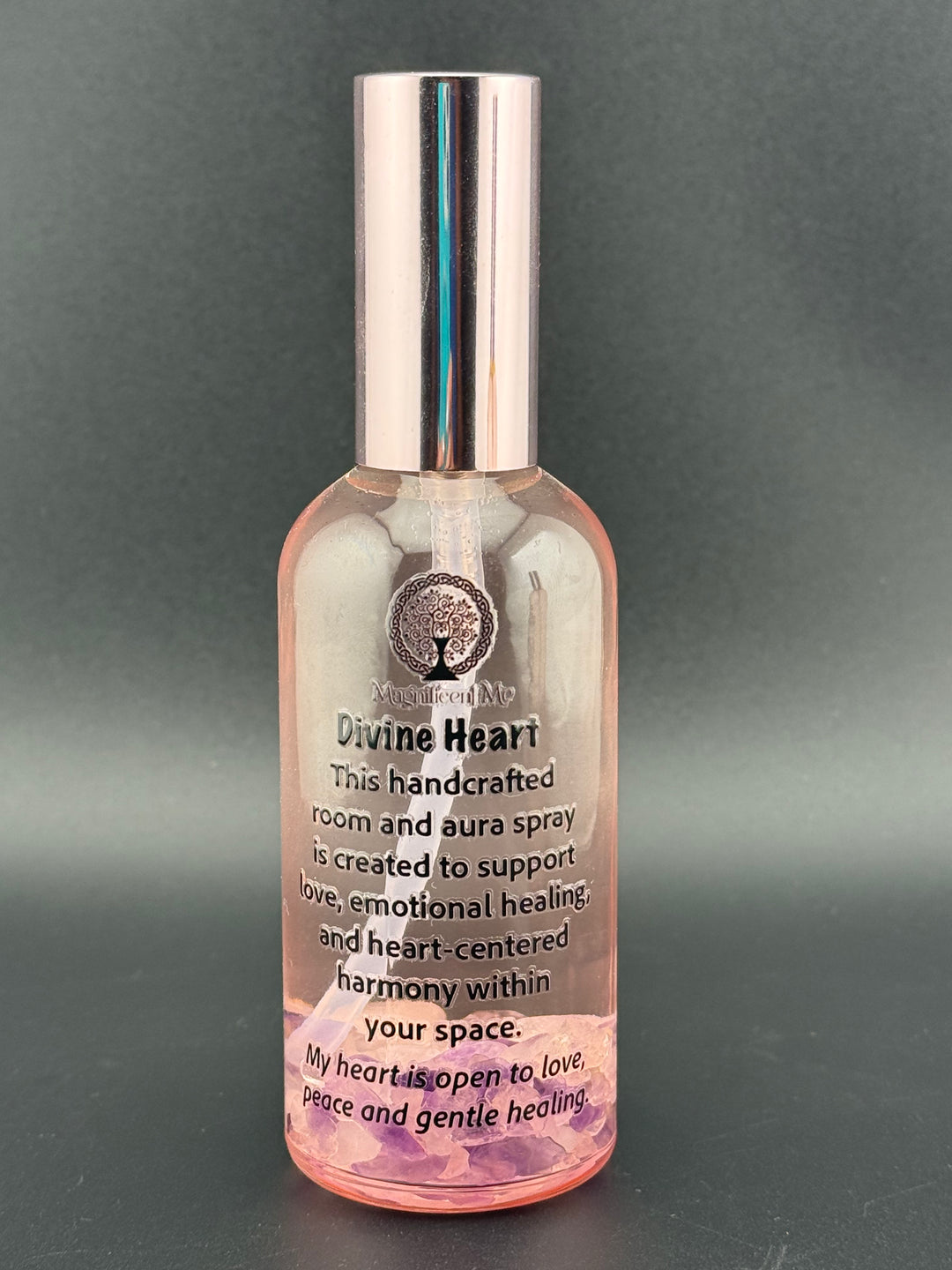 Crystal-infused Divine Heart Room & Aura Spray designed to support love, emotional wellness, and inner peace.