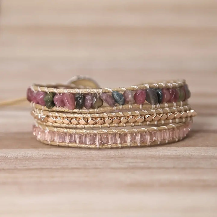 Tourmaline and Hematite 3-Layer Leather Wrap Around Bracelet
