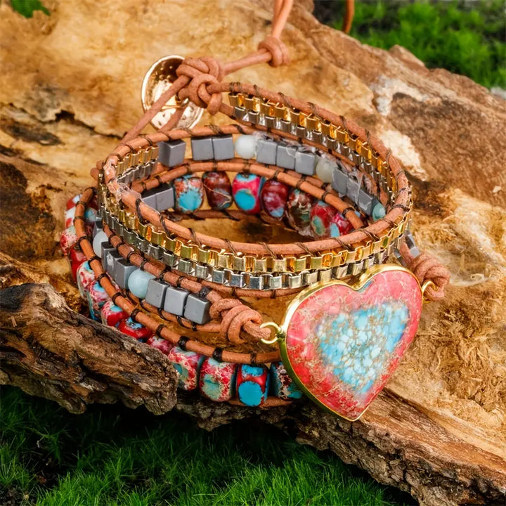 Bohemian King Jasper Heart 3-Layer Leather Wrap Around Bracelet